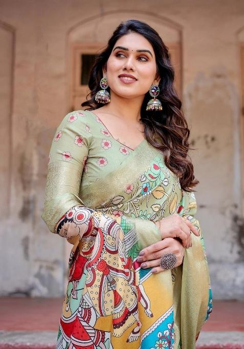 Green Floral Tussar Saree Set