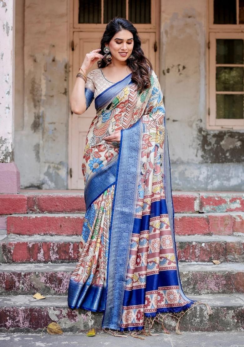 Multicolor Floral Tussar Saree Set - Indya