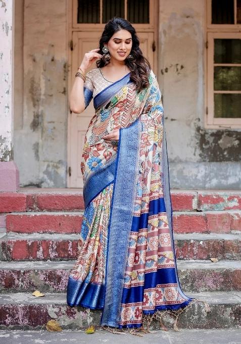 Multicolor Floral Tussar Saree Set