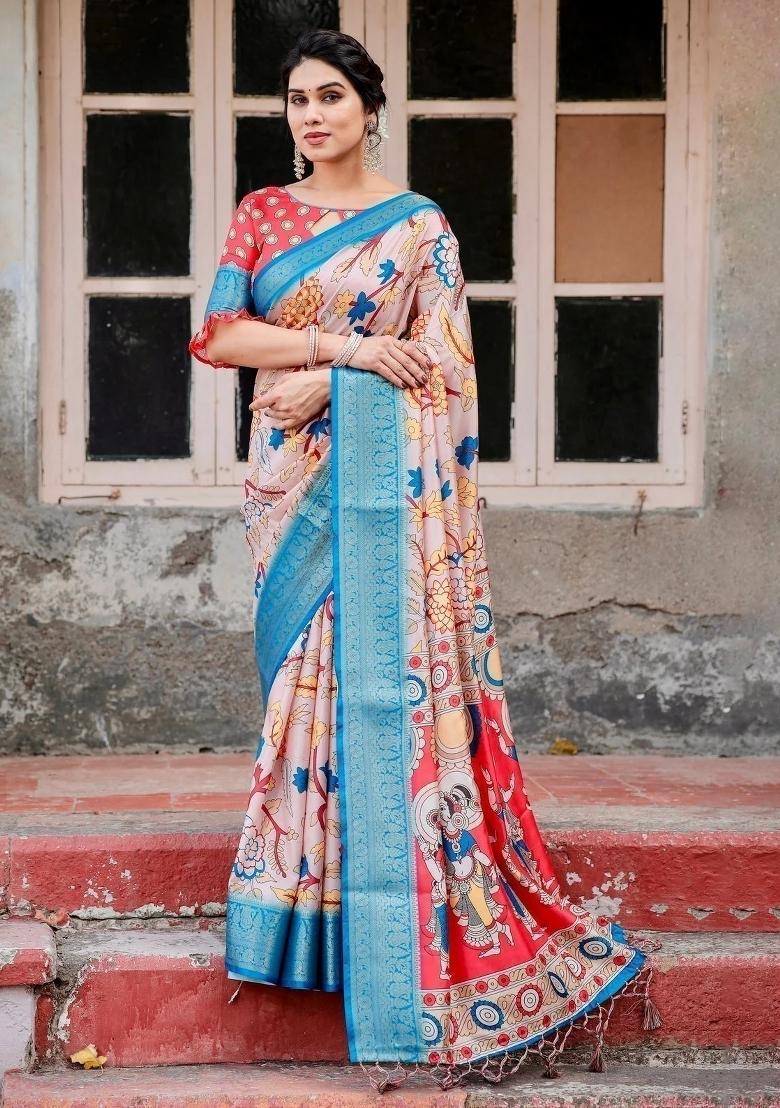 Beige Floral Tussar Saree Set