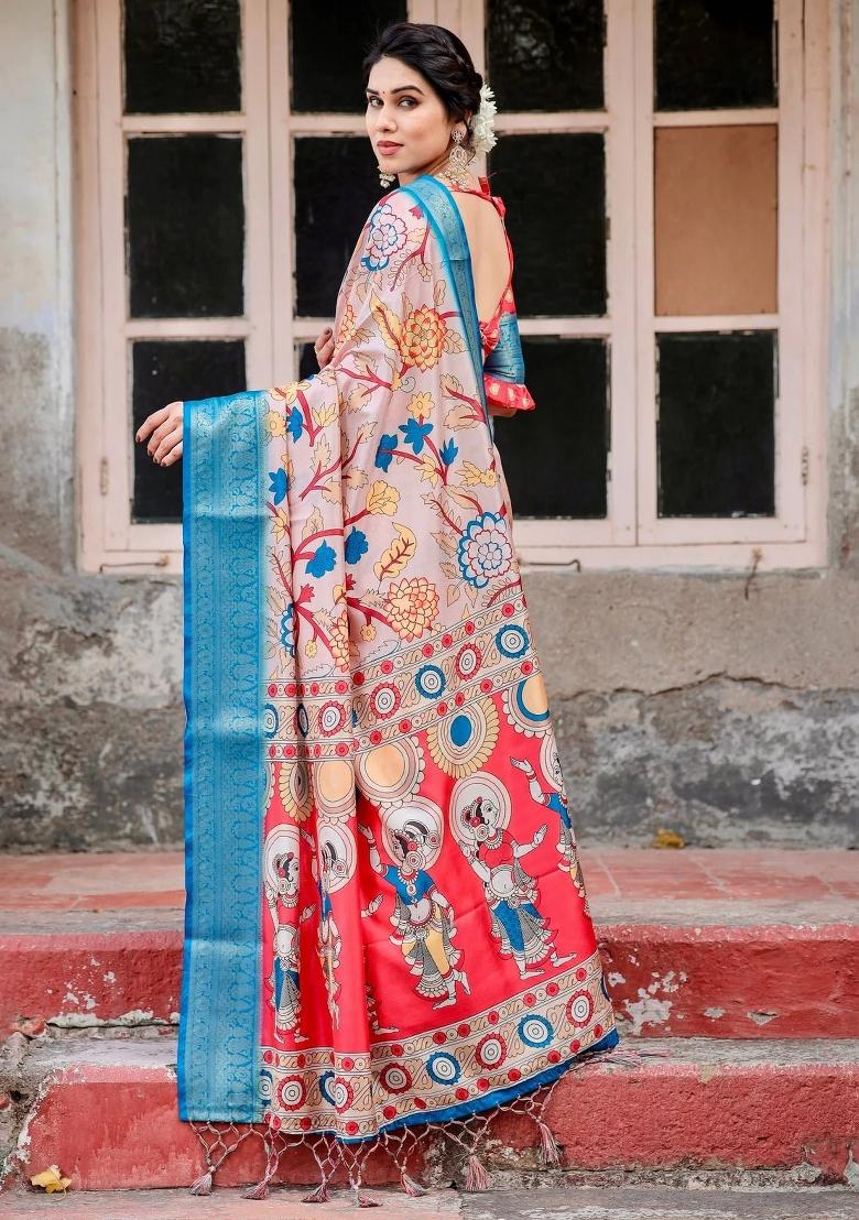 Beige Floral Tussar Saree Set