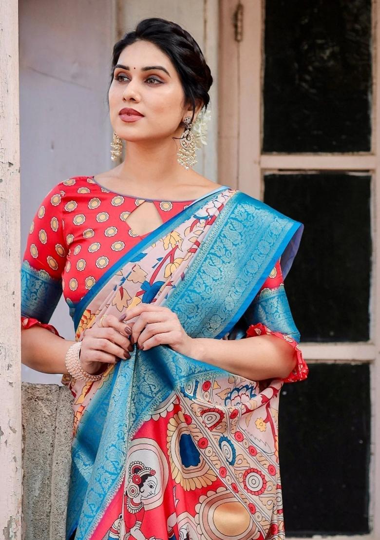 Beige Floral Tussar Saree Set