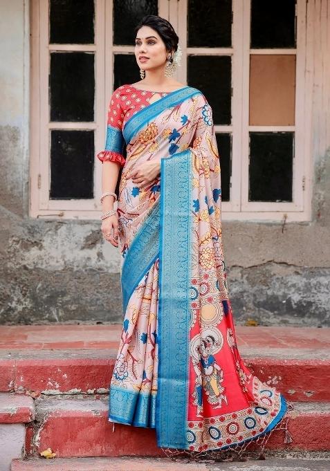 Beige Floral Tussar Saree Set