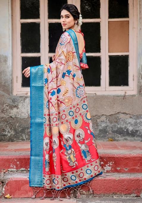 Beige Floral Tussar Saree Set