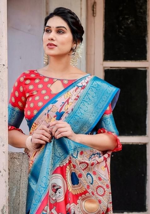 Beige Floral Tussar Saree Set