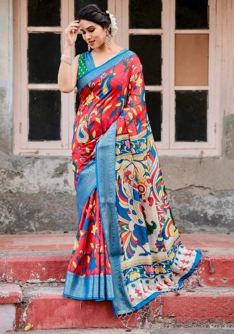 Multicolor Floral Tussar Saree Set