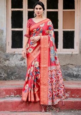 Red Floral Tussar Saree Set