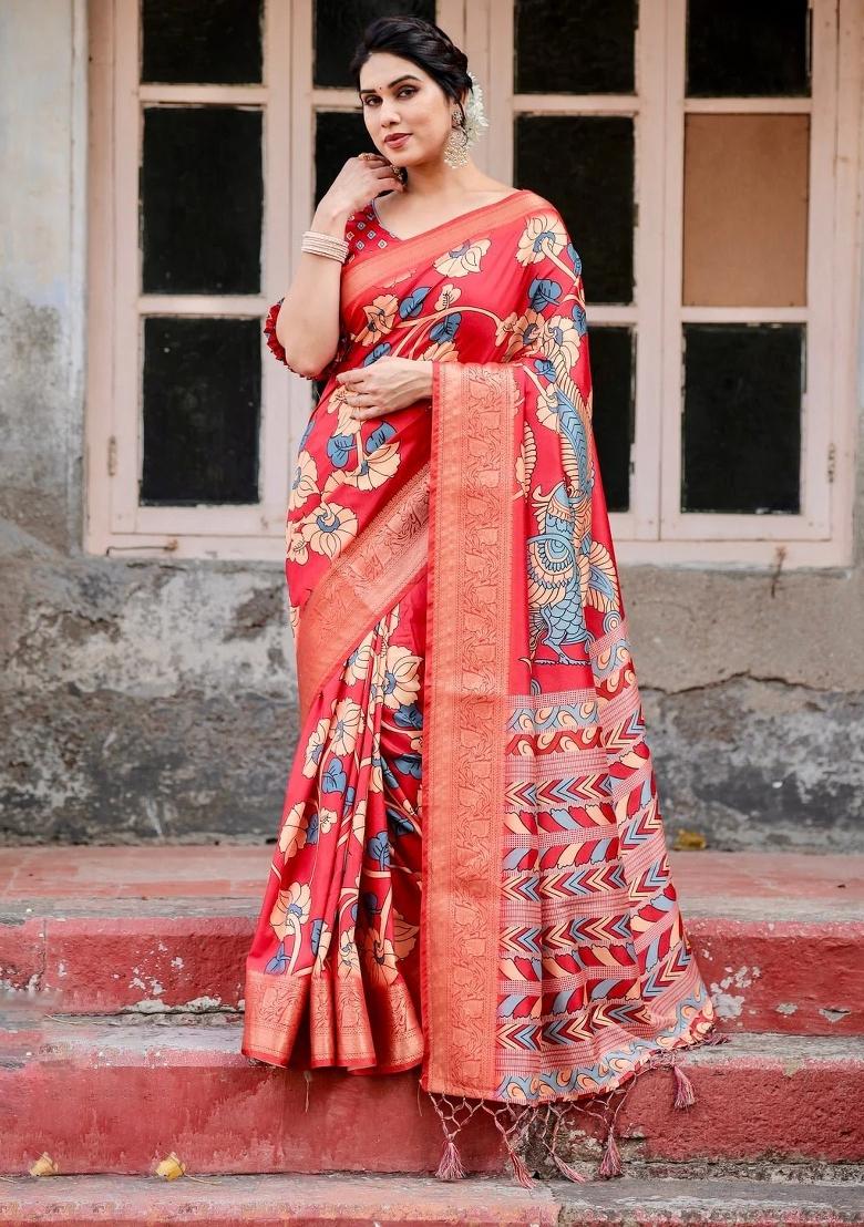 Red Floral Tussar Saree Set
