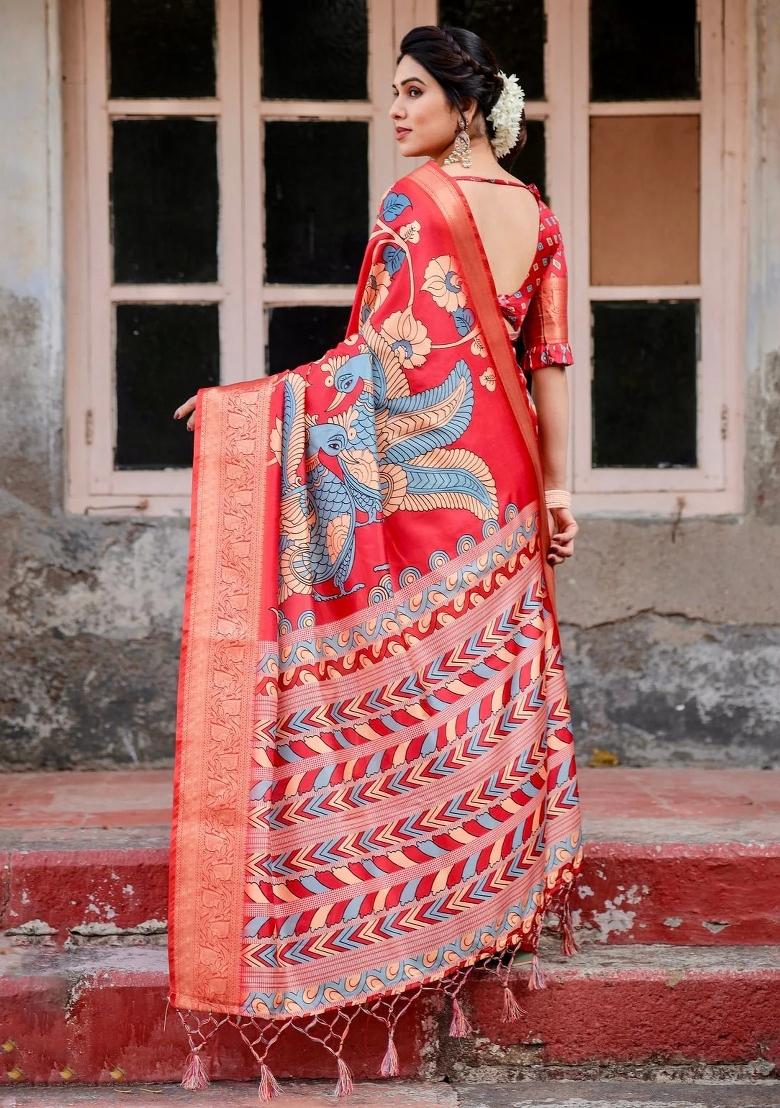Red Floral Tussar Saree Set