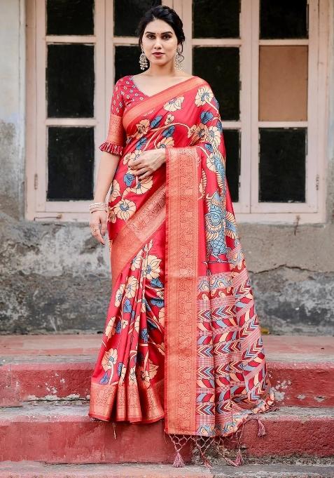 Red Floral Tussar Saree Set