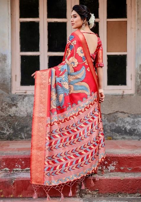 Red Floral Tussar Saree Set