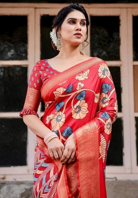 Red Floral Tussar Saree Set