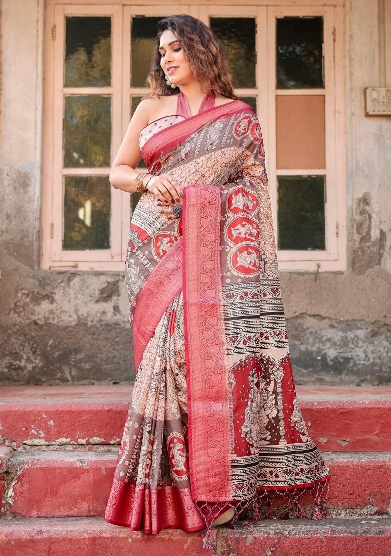 Beige Floral Tussar Saree Set