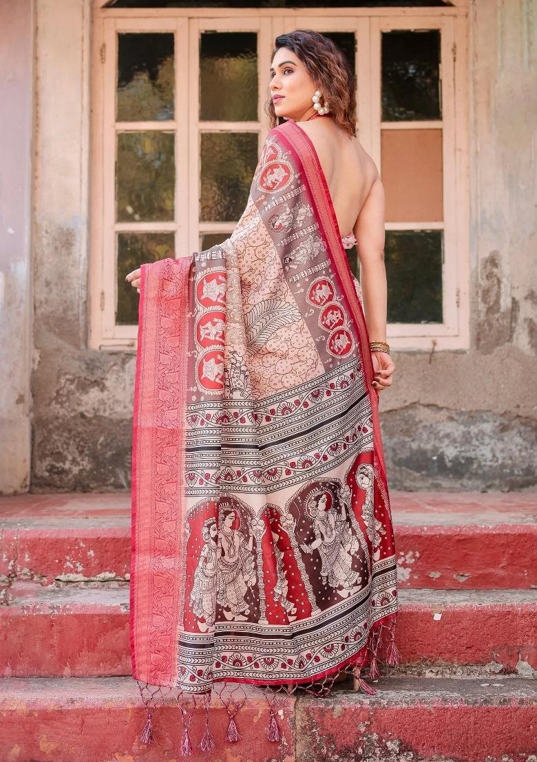 Beige Floral Tussar Saree Set