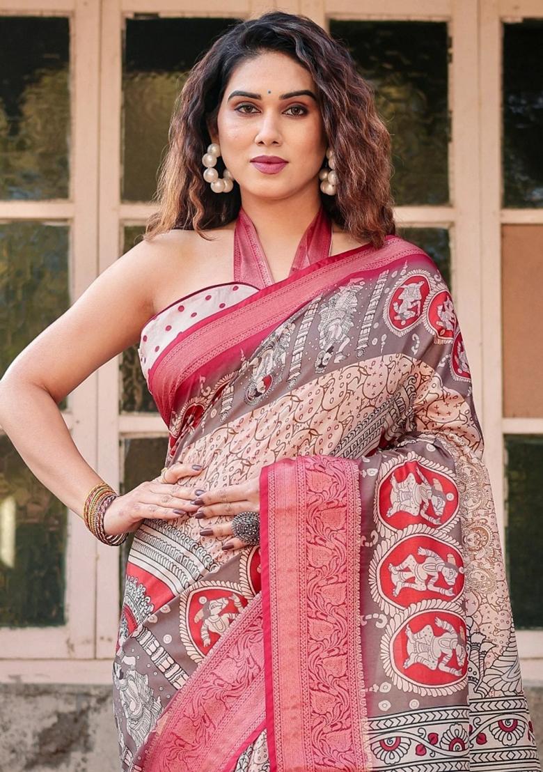 Beige Floral Tussar Saree Set