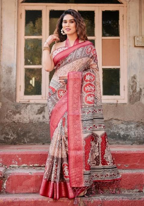 Beige Floral Tussar Saree Set