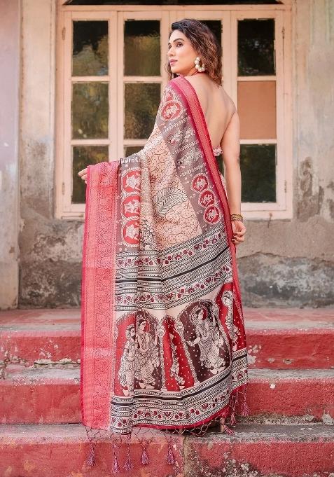 Beige Floral Tussar Saree Set