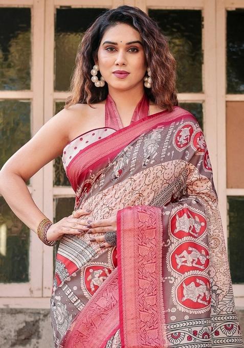 Beige Floral Tussar Saree Set