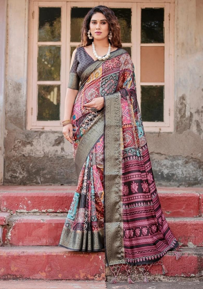 Multicolor Floral Tussar Saree Set