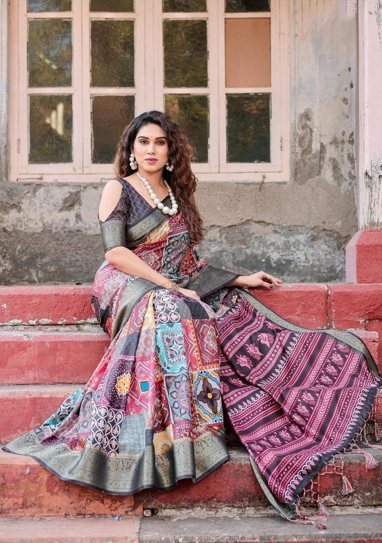 Multicolor Floral Tussar Saree Set