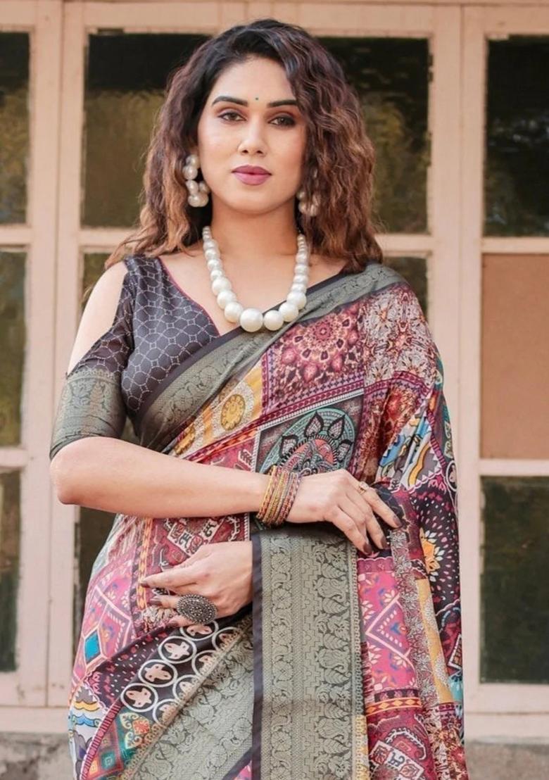 Multicolor Floral Tussar Saree Set