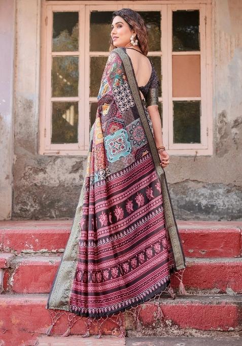 Multicolor Floral Tussar Saree Set