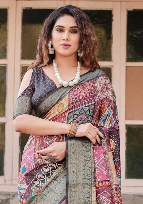 Multicolor Floral Tussar Saree Set