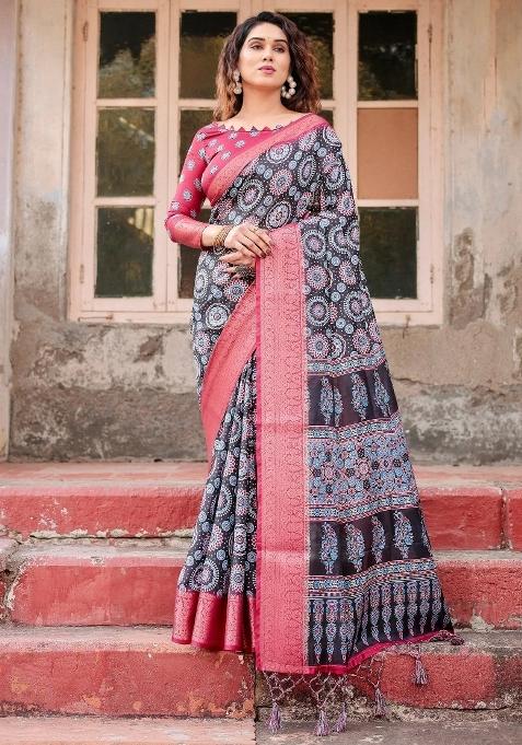Black Floral Tussar Saree Set