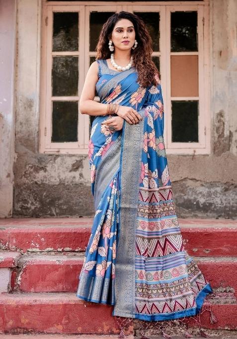 Blue Floral Tussar Saree Set