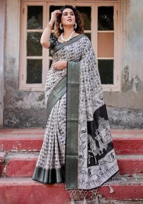 White Floral Tussar Saree Set