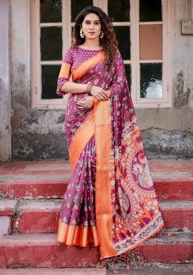 Purple Floral Tussar Saree Set