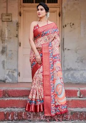 Beige Floral Tussar Saree Set