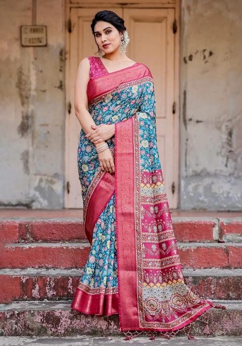Blue Floral Tussar Saree Set