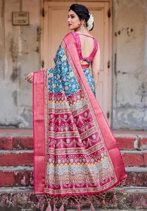 Blue Floral Tussar Saree Set