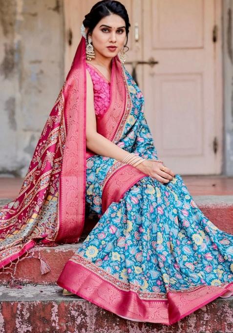 Blue Floral Tussar Saree Set