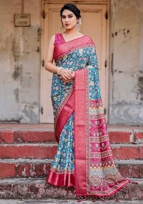 Blue Floral Tussar Saree Set