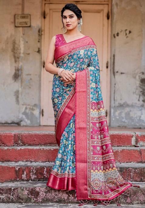 Blue Floral Tussar Saree Set