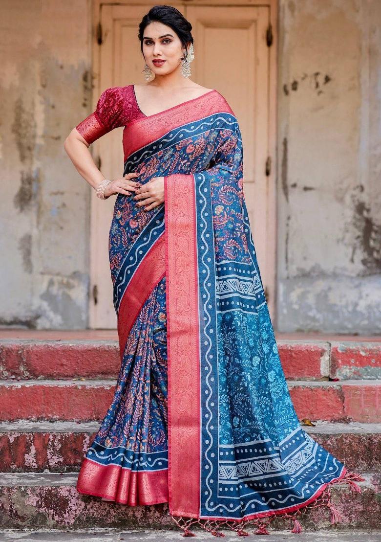 Multicolor Floral Tussar Saree Set