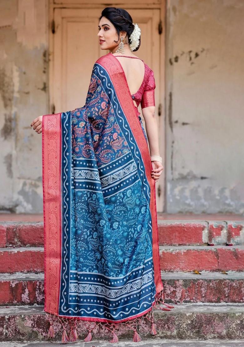 Multicolor Floral Tussar Saree Set
