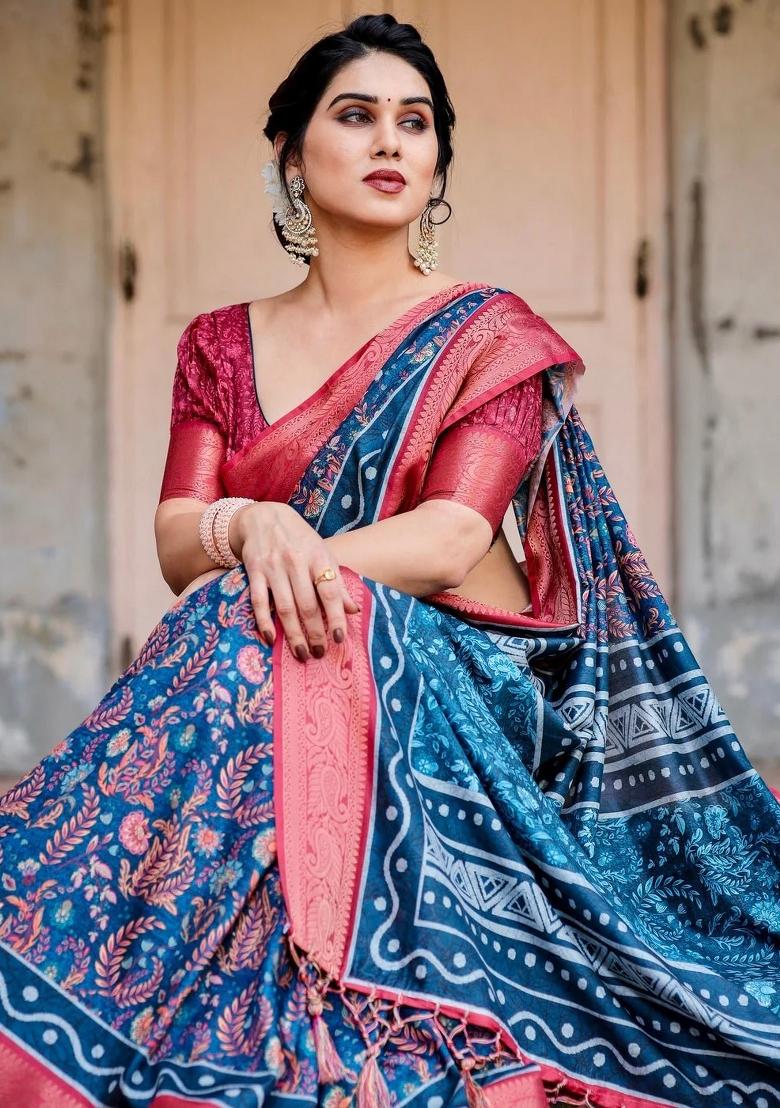 Multicolor Floral Tussar Saree Set - Indya