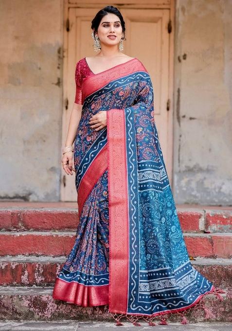 Multicolor Floral Tussar Saree Set