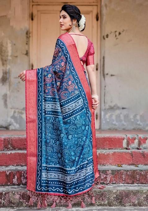 Multicolor Floral Tussar Saree Set