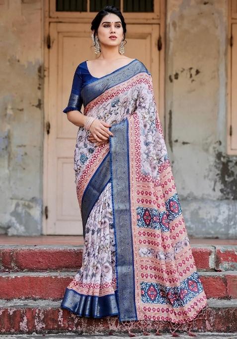 Ivory Floral Tussar Saree Set