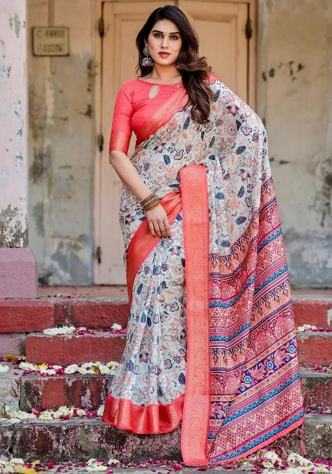 Ivory Floral Tussar Saree Set