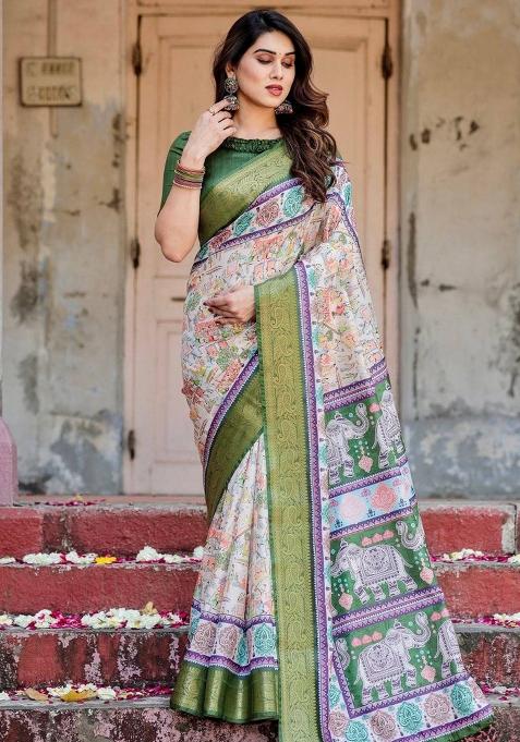 Ivory Floral Tussar Saree Set