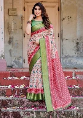 Pink Floral Tussar Saree Set