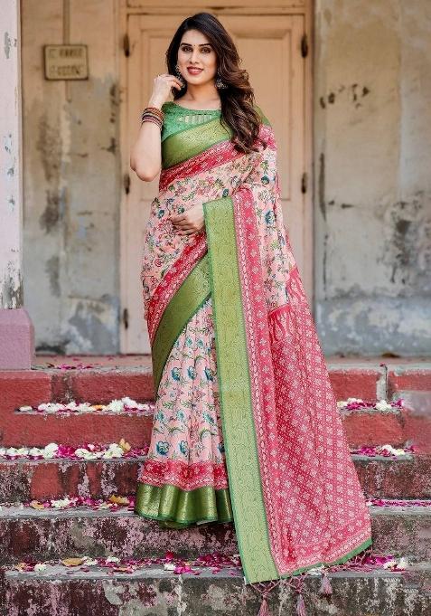 Pink Floral Tussar Saree Set