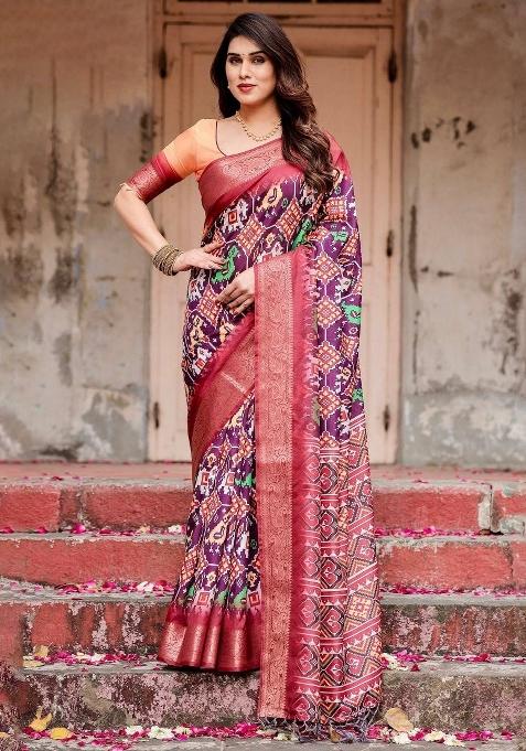 Purple Floral Tussar Saree Set