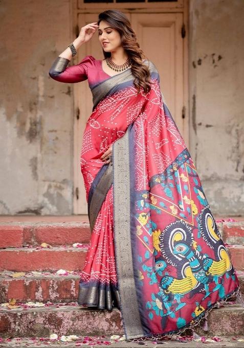 Red Floral Tussar Saree Set