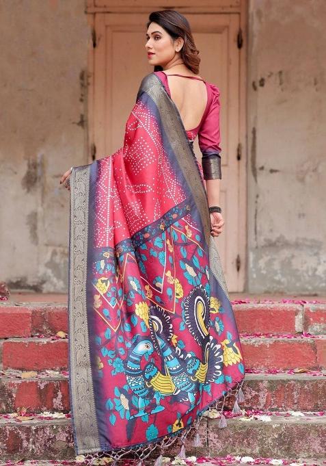 Red Floral Tussar Saree Set